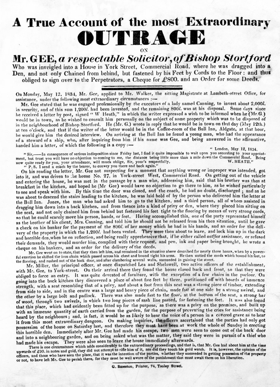 Un vero resoconto del più straordinario oltraggio a Mr Gee, 1834 da English School