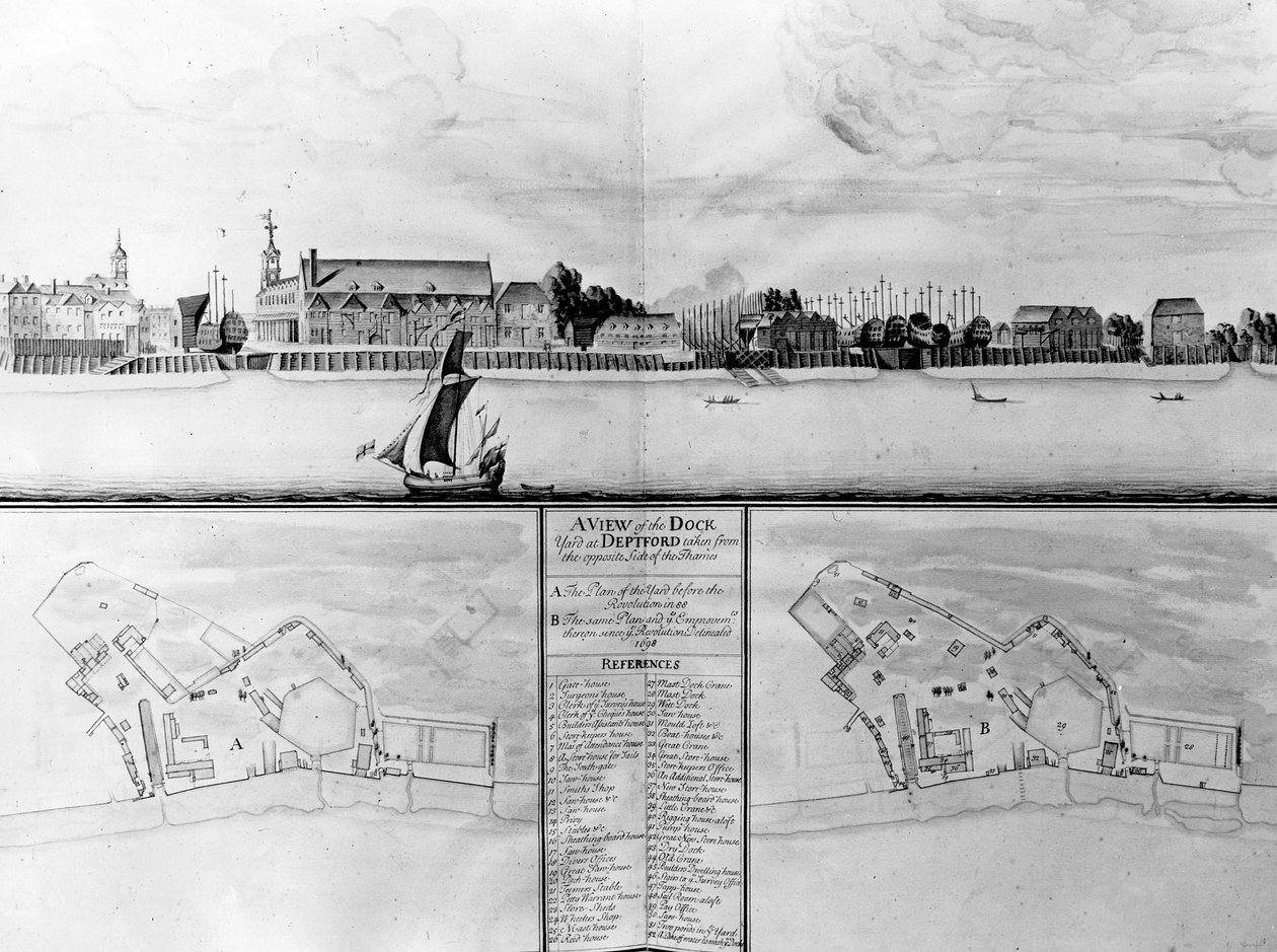Una Vista del Cantiere Navale a Deptford presa dal lato opposto del Tamigi, 1698 da English School