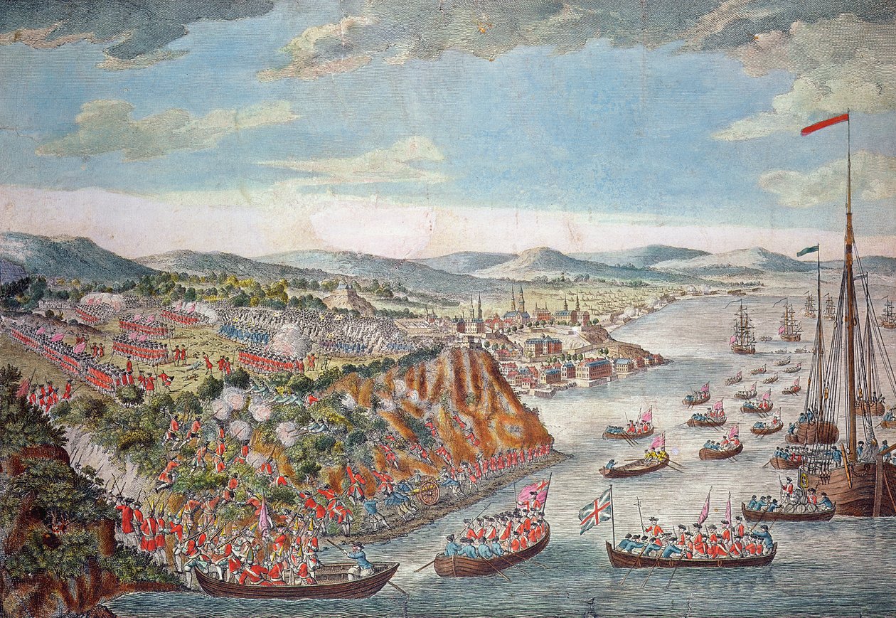 Veduta della presa di Quebec, 13 settembre 1759 (incisione a colori) da English School