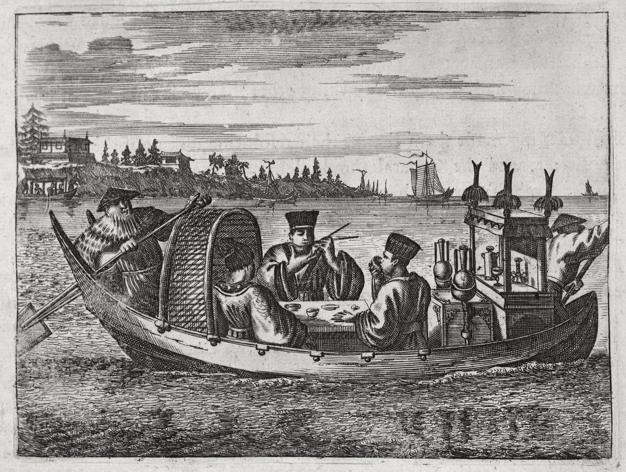 Un ricco mandarino che cena in una barca, illustrazione da una descrizione delle ambasciate in Cina, 1690 da English School