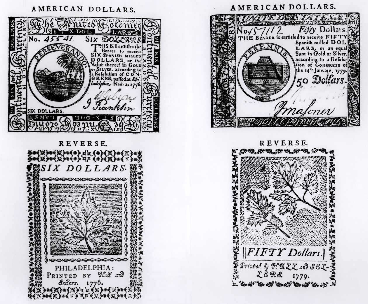 Una banconota coloniale da sei dollari del 1776 e una banconota americana da cinquanta dollari del 1779 da English School