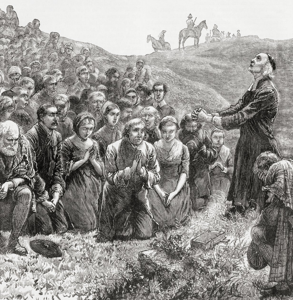 Un incontro di preghiera dei Covenanters nel XVII secolo, illustrazione da 