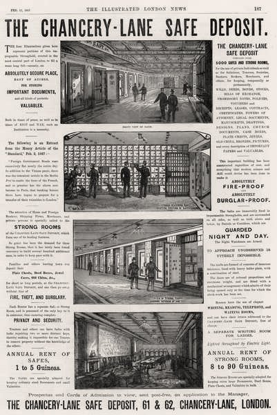 Pubblicità per The Chancery Lane Safe Deposit, da The Illustrated London News, 12 febbraio 1887 da English School