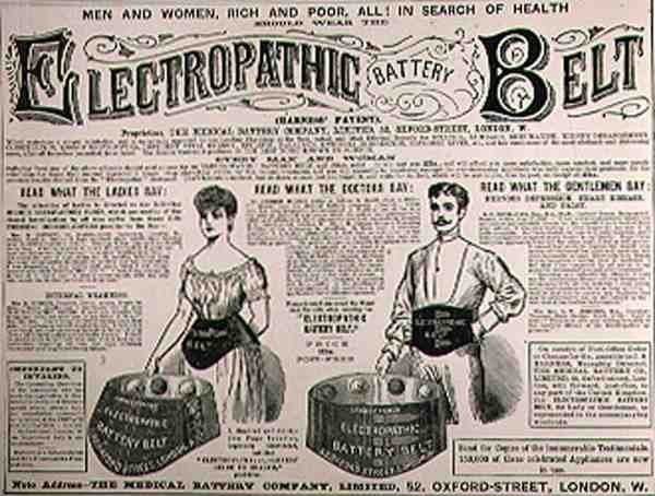 Pubblicità per la cintura a batteria elettropatica, da The Illustrated London News, 1 settembre 1886 da English School