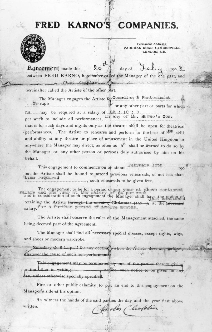 Accordo stipulato tra le compagnie di Fred Karno e Charles Chaplin, 25 luglio 1908 da English School