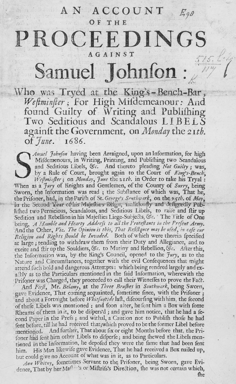 Resoconto dei procedimenti contro Samuel Johnson, 1686 da English School