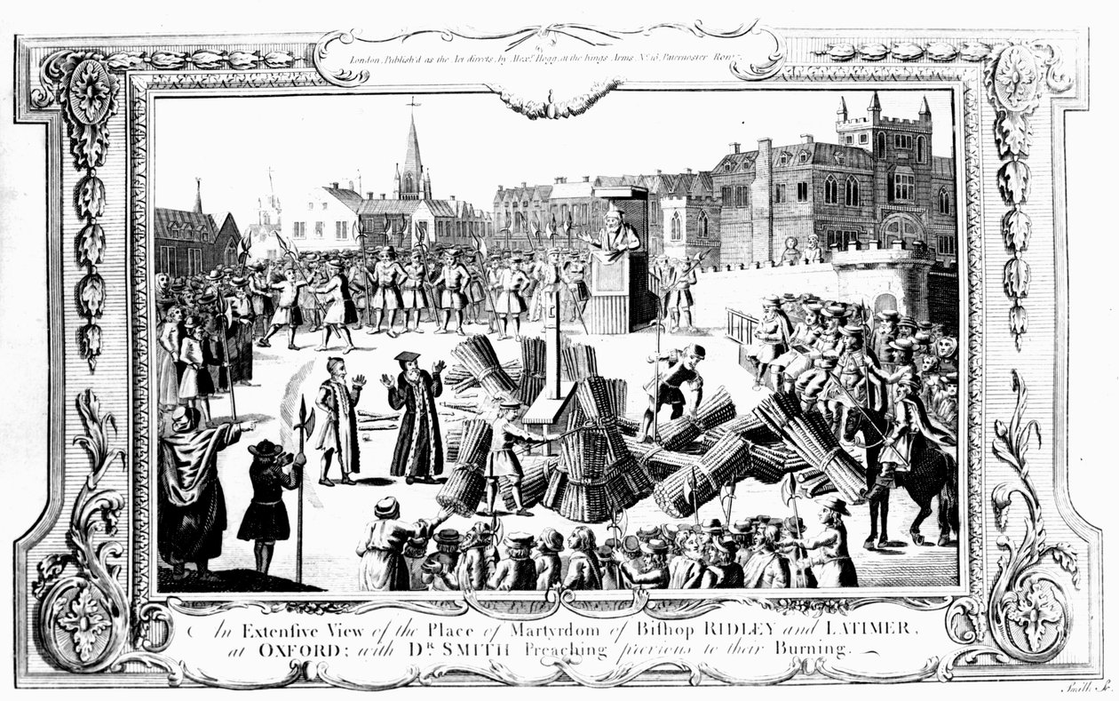 Vista estesa del luogo del martirio del vescovo Ridley (c.1500-55) e Latimer (c.1485-1555) a Oxford con il dottor Smith che predica prima della loro esecuzione da English School