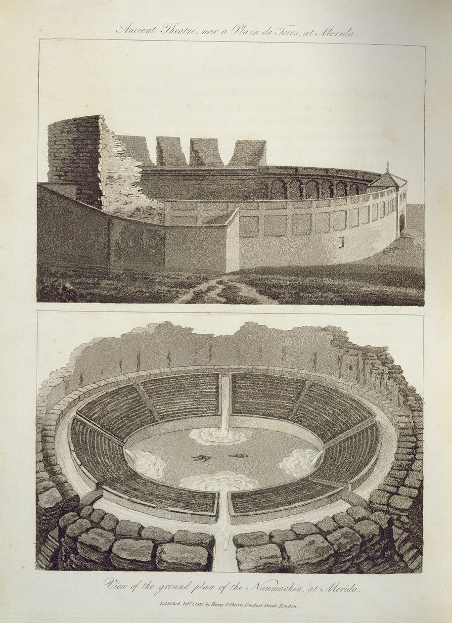 Teatro antico, ora una Plaza de Toros, e una veduta della pianta della Naumachia, a Merida, pub. da Henry Colburn, 1816 da English School