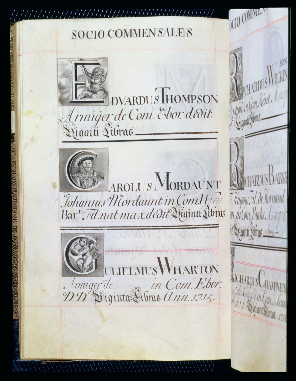 Archivio 3693 f.58v Pagina che elenca tre benefattori del New College, Oxford; Edvardus Thompson, Carolus Mordaunt e Gulielmus Wharton, da un libro di beneficenza, 16812-84 da English School