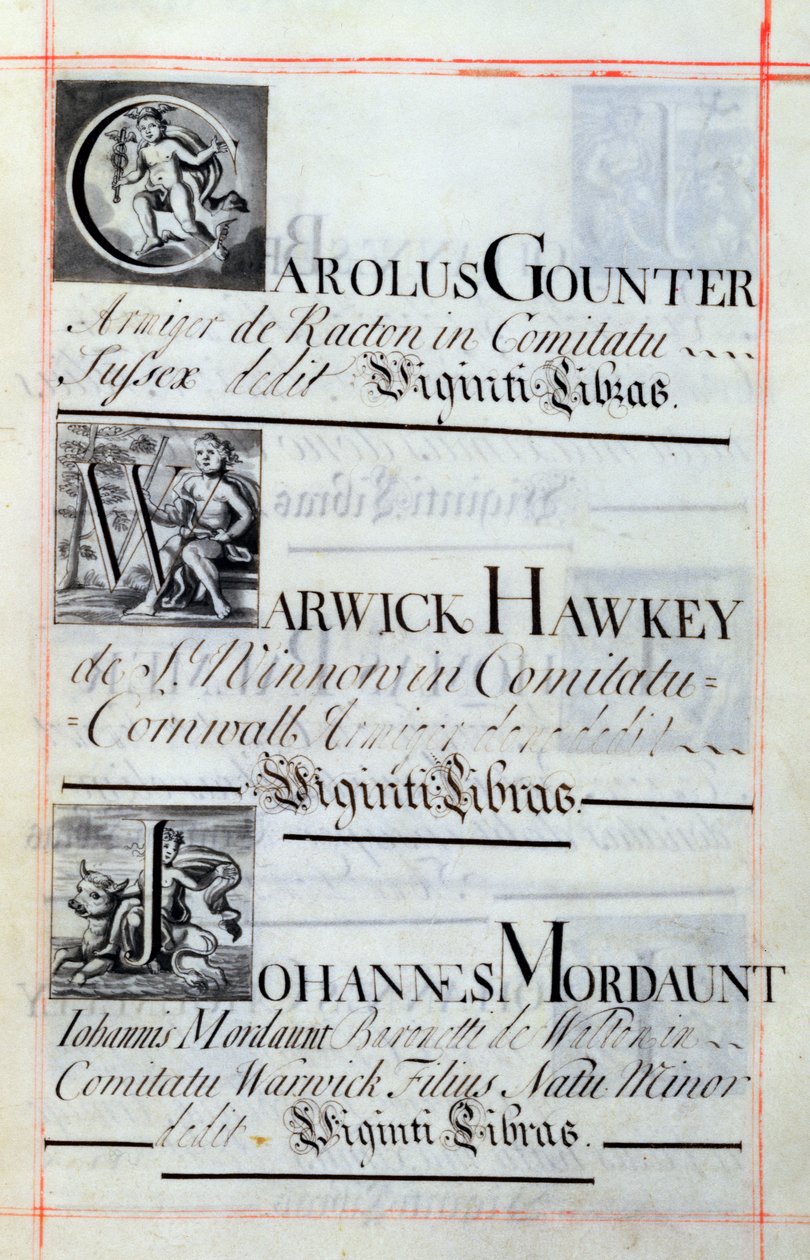 Archivio 3693 f.62 Pagina che elenca tre benefattori del New College, Oxford; Carolus Gounter, Warwick Hawkey e Johannes Mordaunt, da un libro di beneficenza, 16812-84 da English School