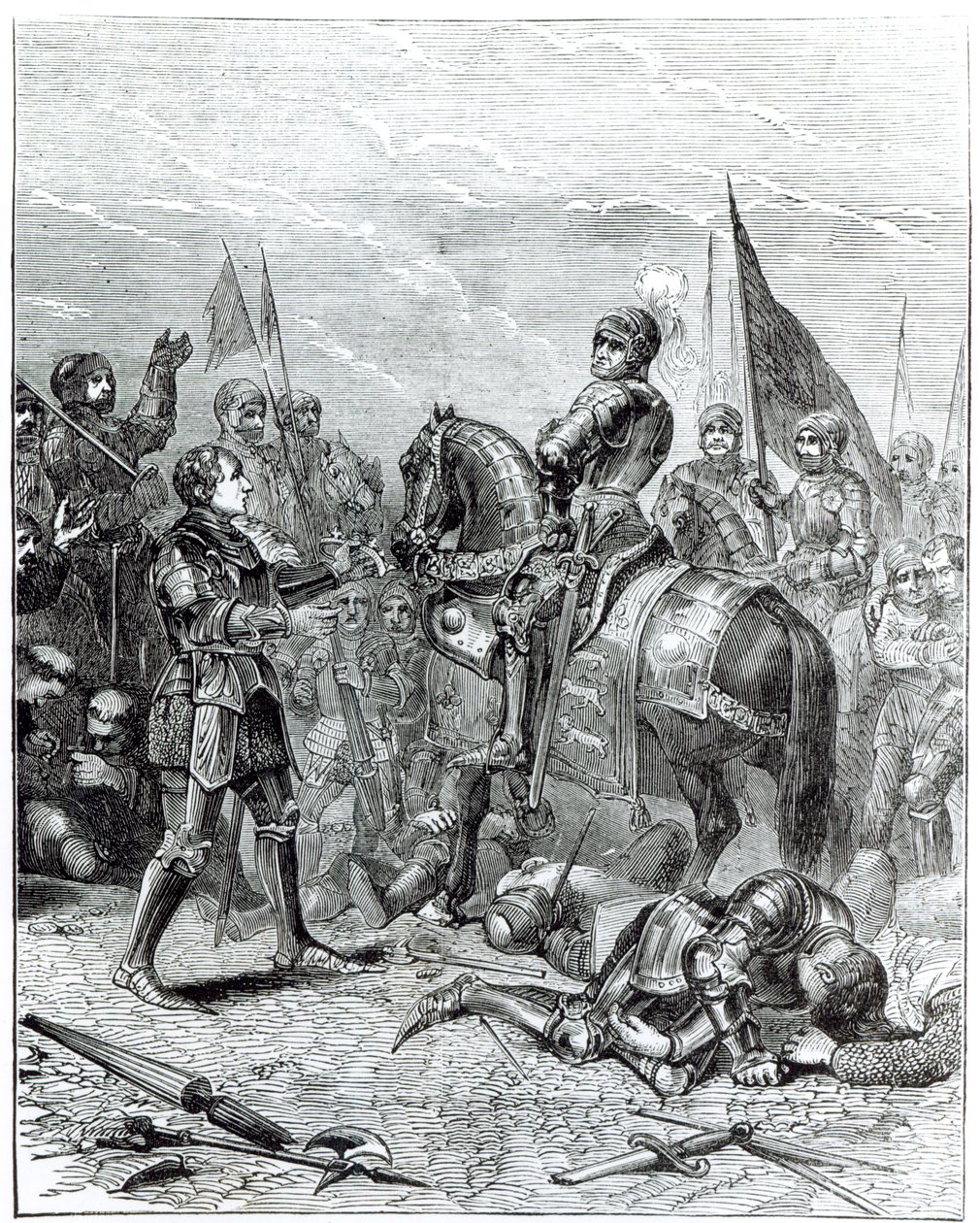 Battaglia di Bosworth Field: Lord Stanley porta la corona di Riccardo III a Richmond, 22 agosto 1485 da English School