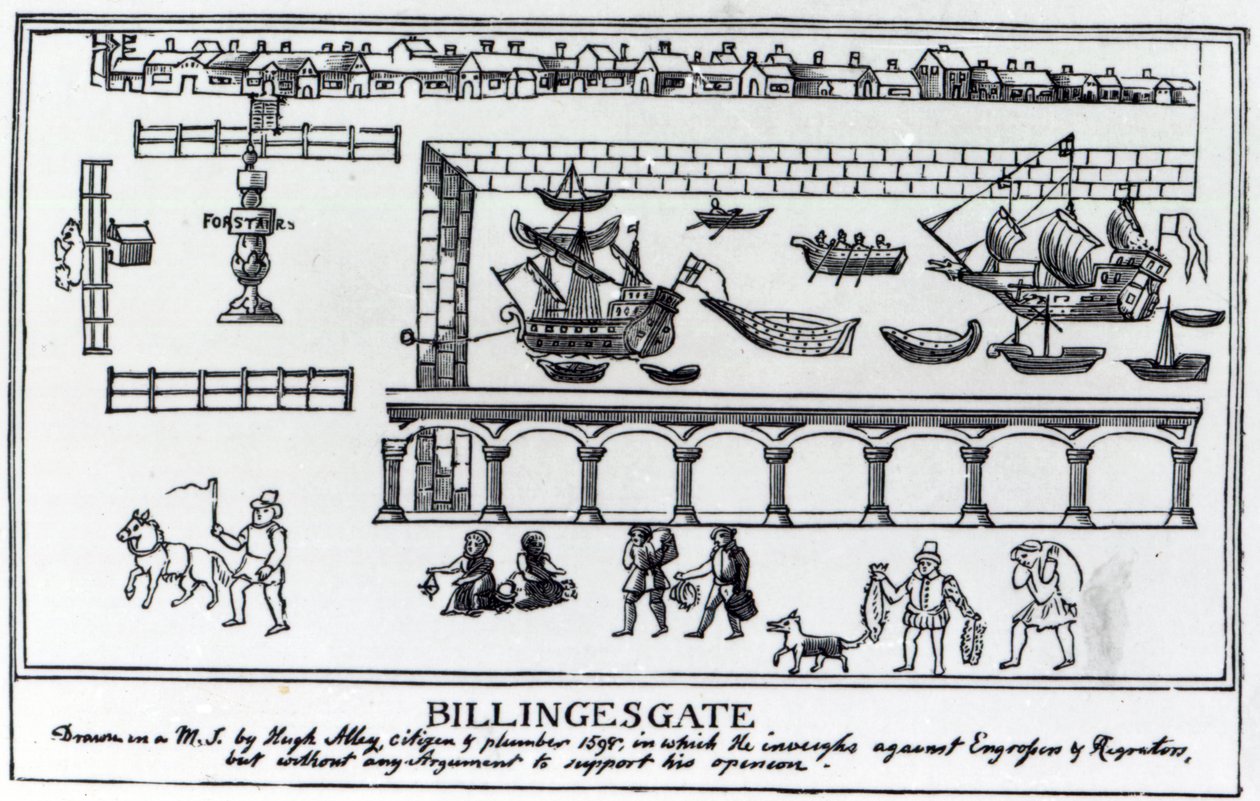 Mercato di Billingsgate, Londra, da un disegno originale del c.1598 da English School