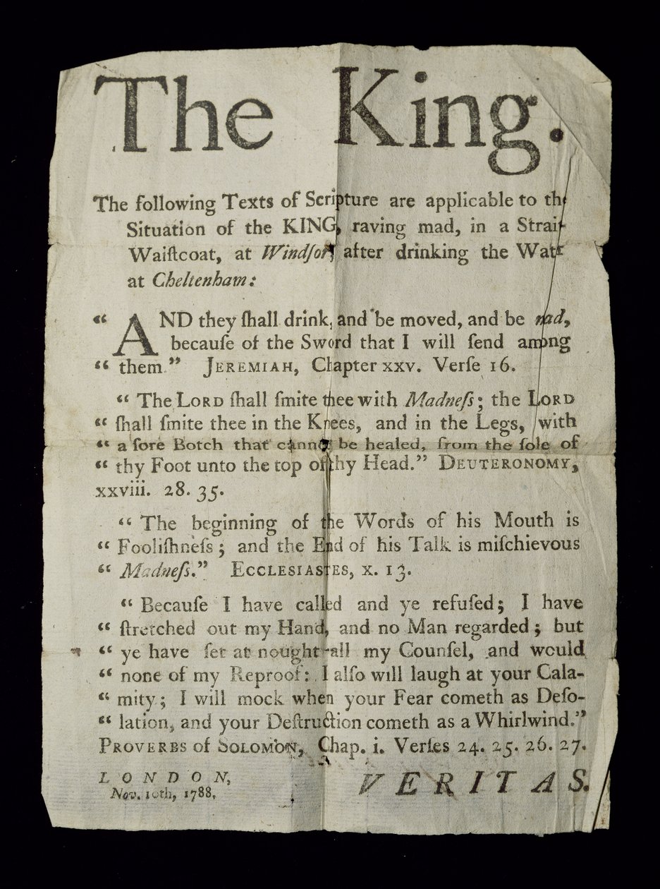 Foglio volante che discute la follia di Re Giorgio III, 1788 da English School