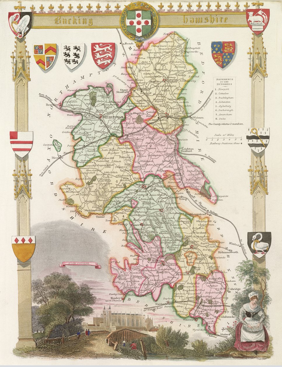 Buckinghamshire con illustrazioni della Cappella del Eton College (incisione colorata a mano) da English School