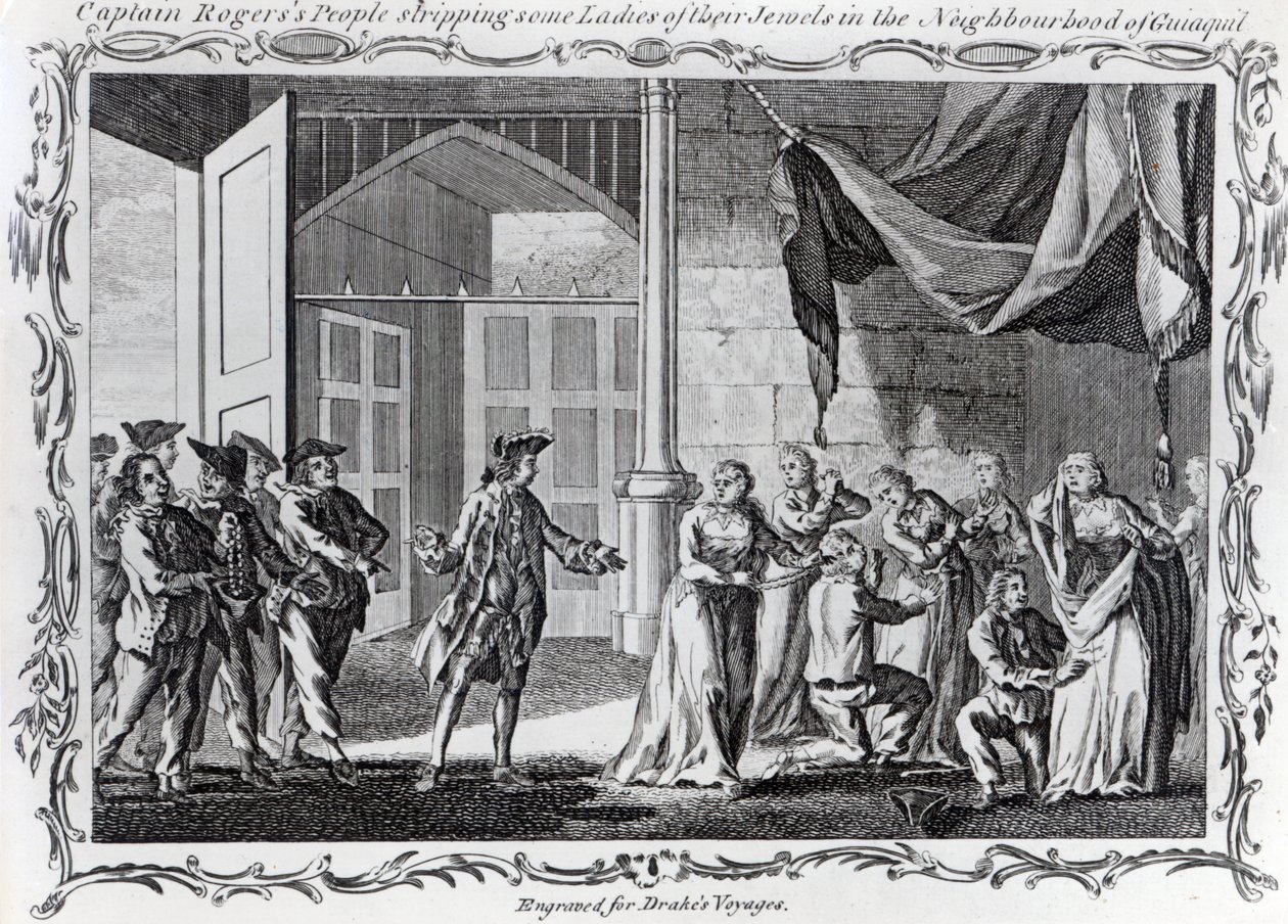 La gente del capitano Rogers che spoglia alcune signore dei loro gioielli nei pressi di Guiaquil, 1765 da English School