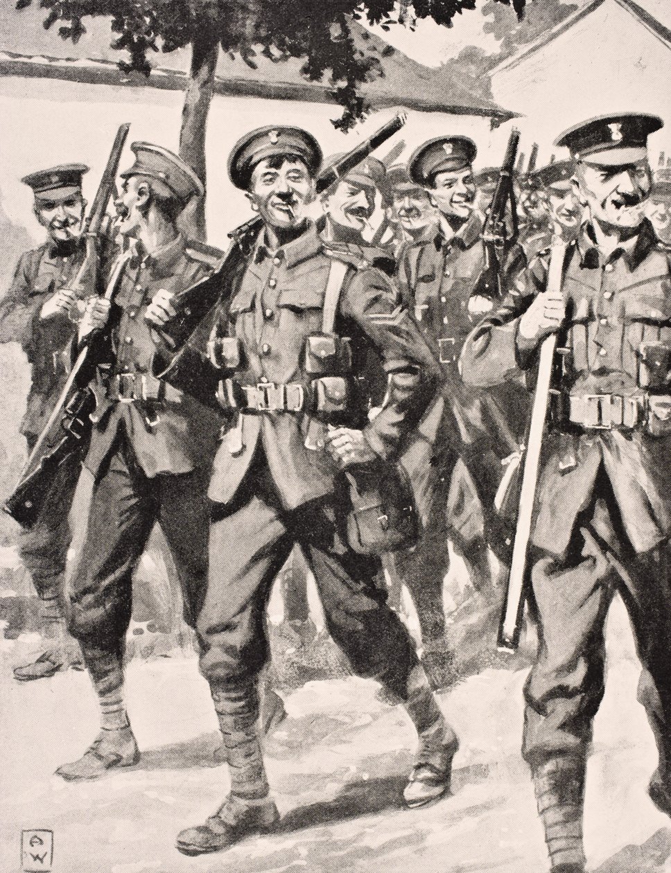 Disegno caricaturale di truppe britanniche fiduciose in marcia verso la prima linea del Fronte Occidentale, 1915, da 
