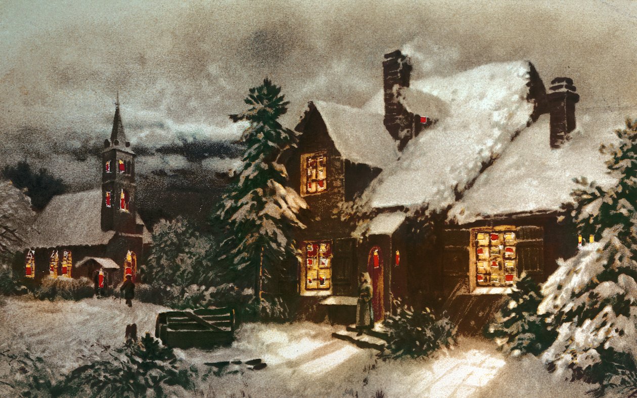 Chiesa e cottage con finestre illuminate da English School