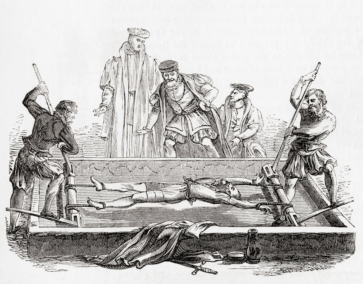 Cuthbert Simpson, torturato sulla ruota nella Torre di Londra durante la persecuzione mariana, 1558, da Old England: A Pictorial Museum, pub. 1847 da English School