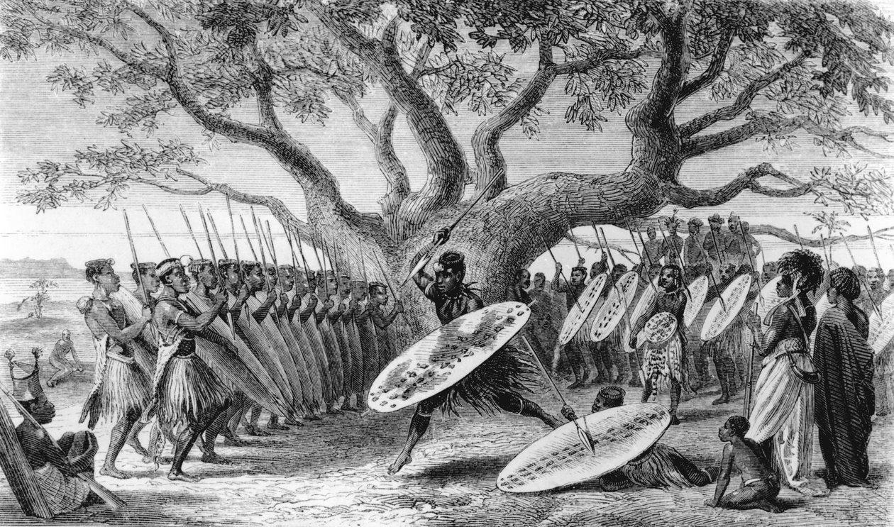 Danza dei Landeens, o Zulu, Arrivati a Shupanga per Riscuotere il Tributo Annuale dei Portoghesi, inciso da Josiah Wood Whymper da English School
