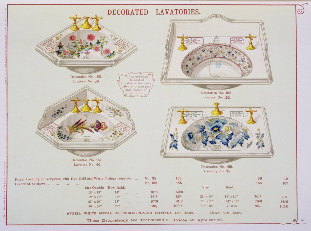Bagni decorati da un catalogo di articoli sanitari prodotti da Morrison, Ingram & Co., Manchester, pubblicato c.1890 da English School