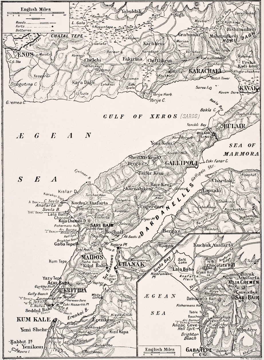 Mappa dettagliata della penisola di Gallipoli e dei Dardanelli, Turchia, 1915, da 