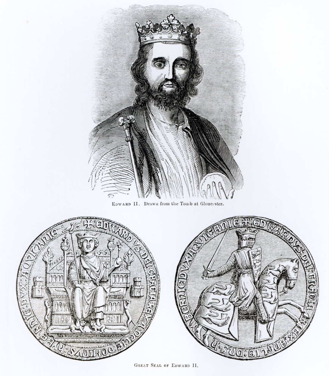 Edoardo II (1284-1327) disegnato dalla tomba a Gloucester, e il Grande Sigillo da English School