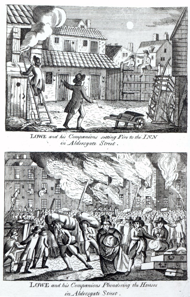 Edward Lowe e i suoi compagni che danno fuoco alla locanda su Aldersgate Street e saccheggiano le case, 16 maggio 1790 da English School