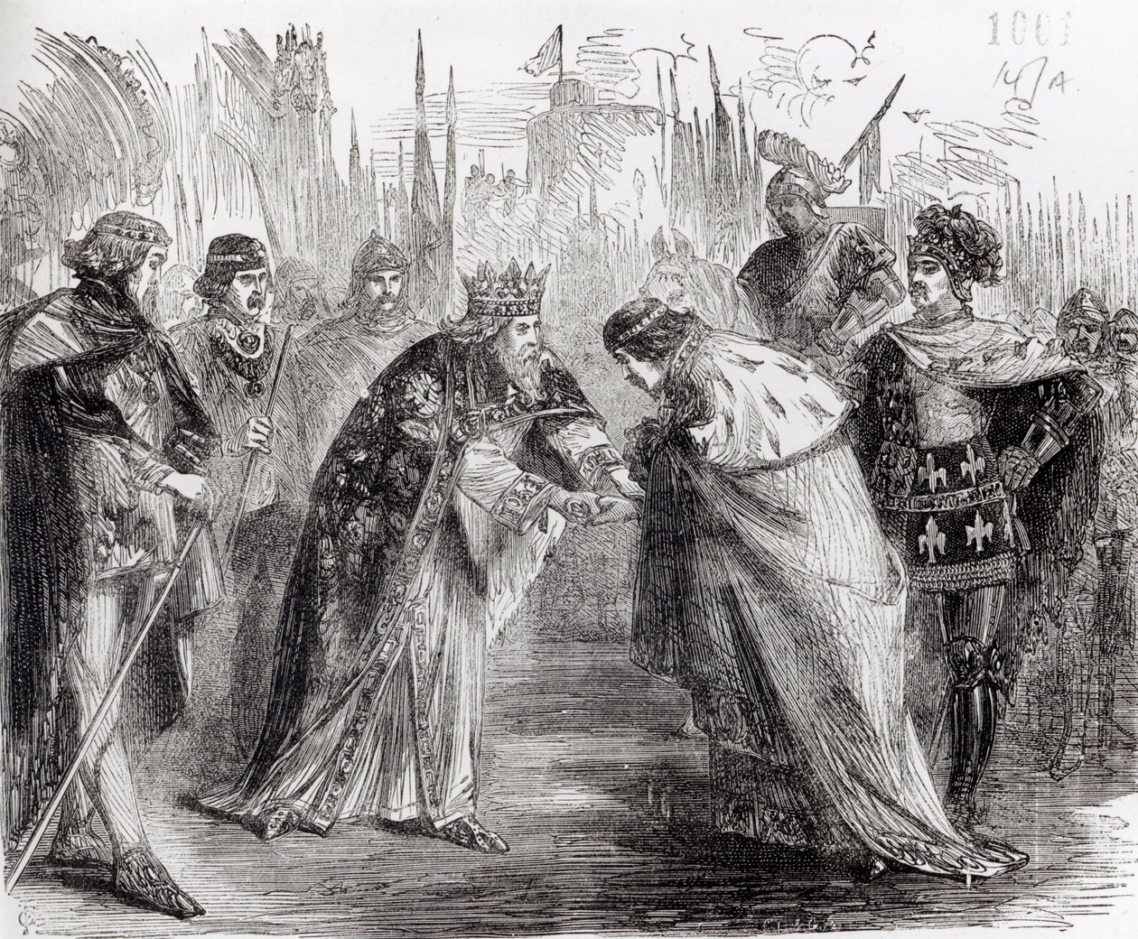 Edoardo il Principe Nero presenta il re Giovanni II di Francia a suo padre, Edoardo III da English School
