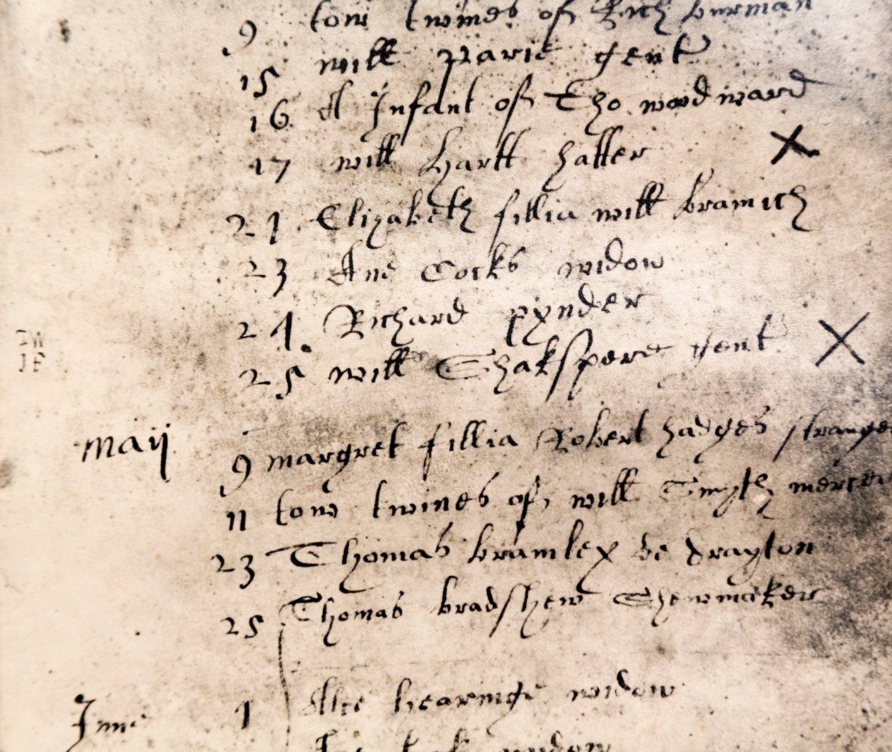 Facsimile della registrazione della sepoltura di William Shakespeare il 25 aprile 1616 da English School