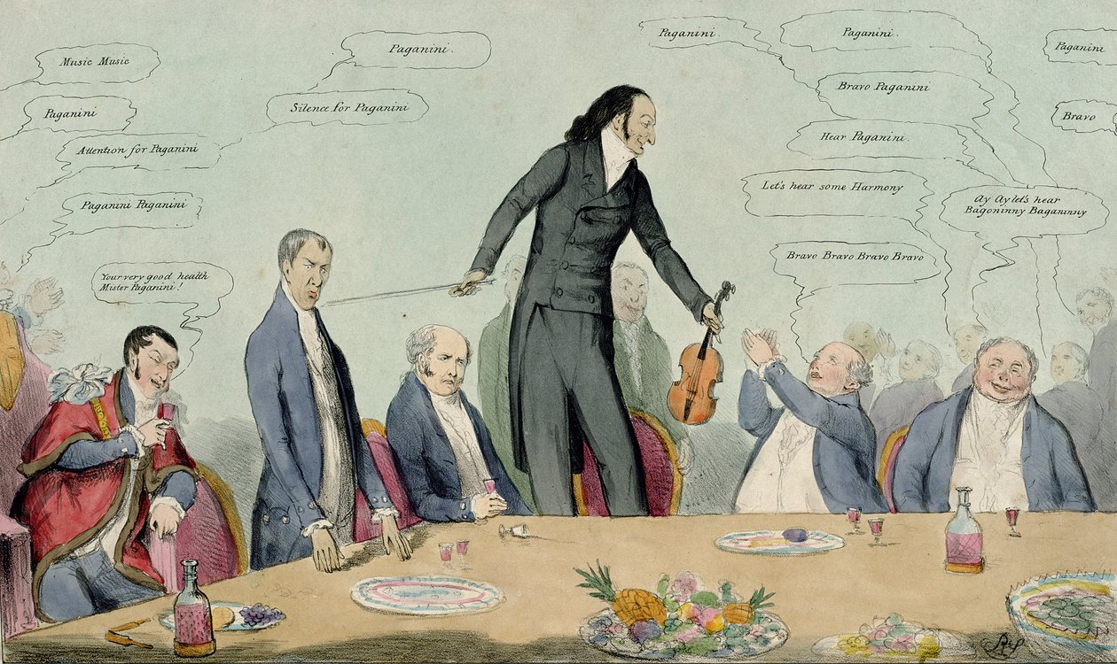 Archetto contro Scopa, caricatura di Niccolò Paganini, pub. da Thomas McLean, 1831 (incisione colorata) da English School