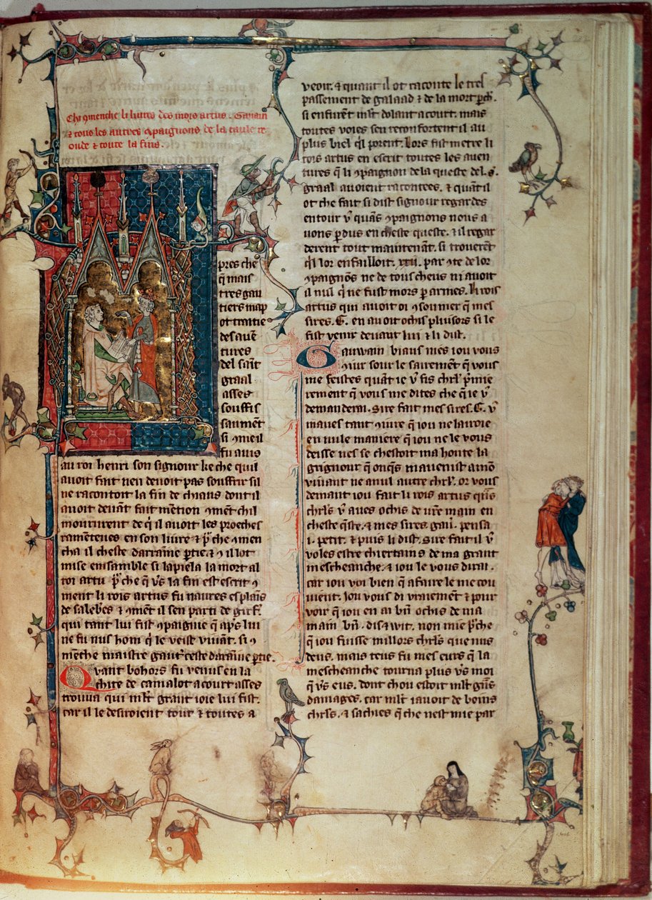 Fr 1 f.82r Vol. I Walter Map che annota una storia delle avventure dei Cavalieri della Tavola Rotonda alla ricerca del Santo Graal sotto dettatura di Re Artù, dal Romanzo Arturiano di Manchester da English School