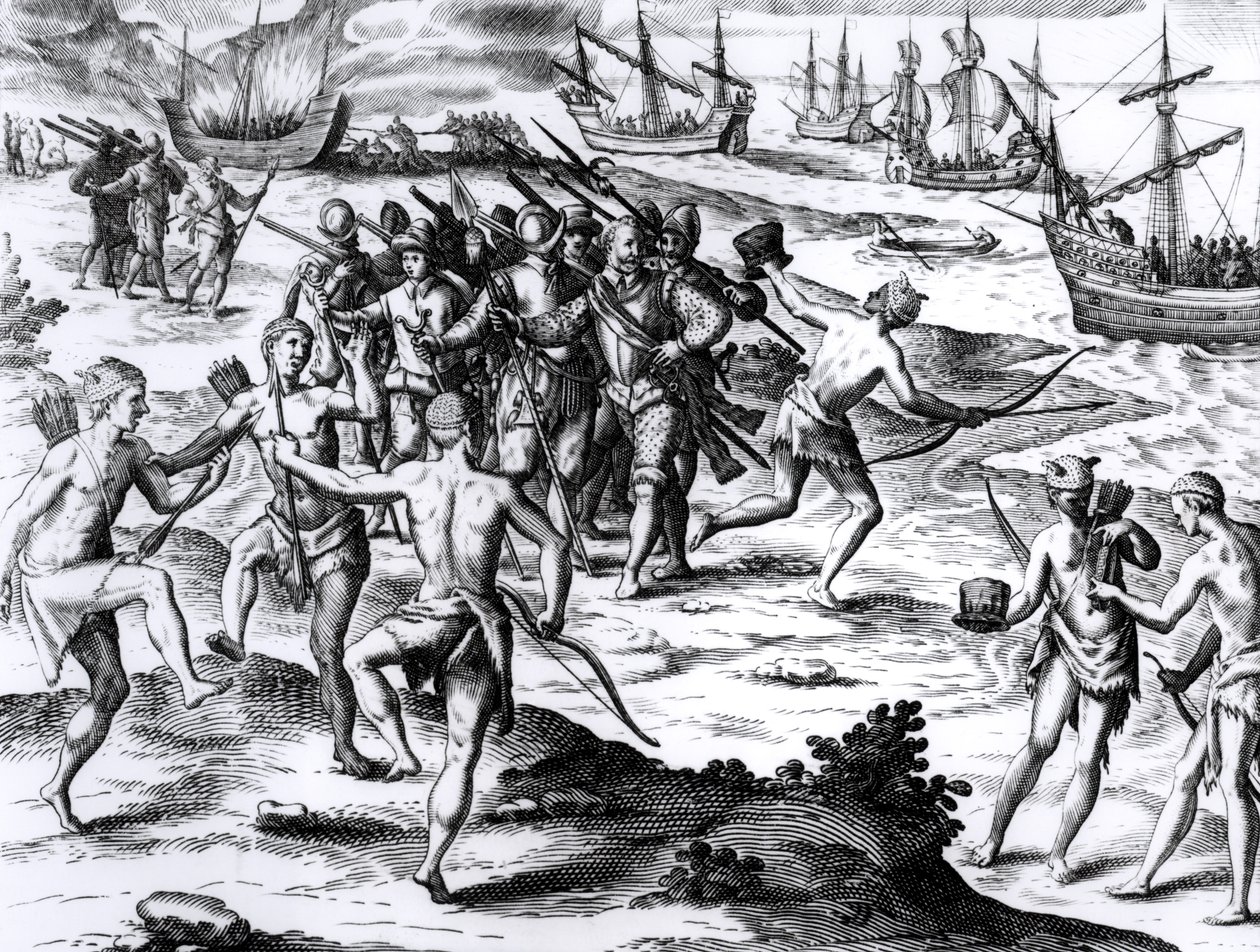 Francis Drake (c.1540-96) nel Nuovo Mondo da English School