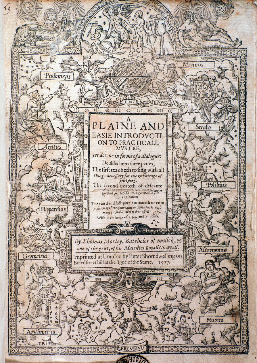 Frontespizio da A Plaine and Easie Introduction to Practicall Musicke di Thomas Morley, Dettaglio, 1597 da English School