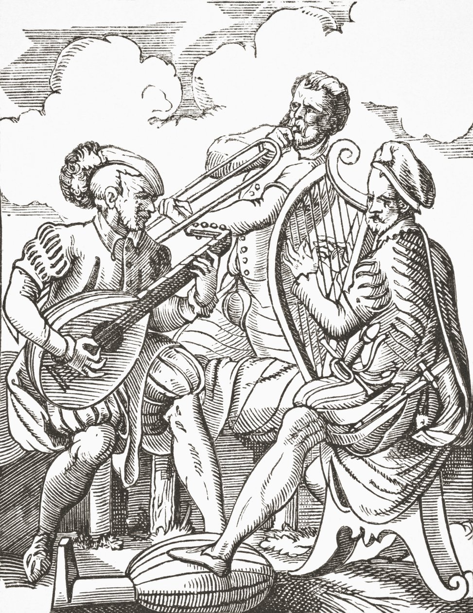 Musicisti tedeschi che suonano il liuto e la chitarra, 1878 da English School
