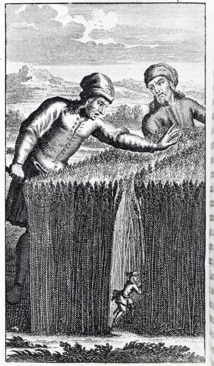Gulliver è scoperto da un contadino a Brobdingnag, illustrazione da 