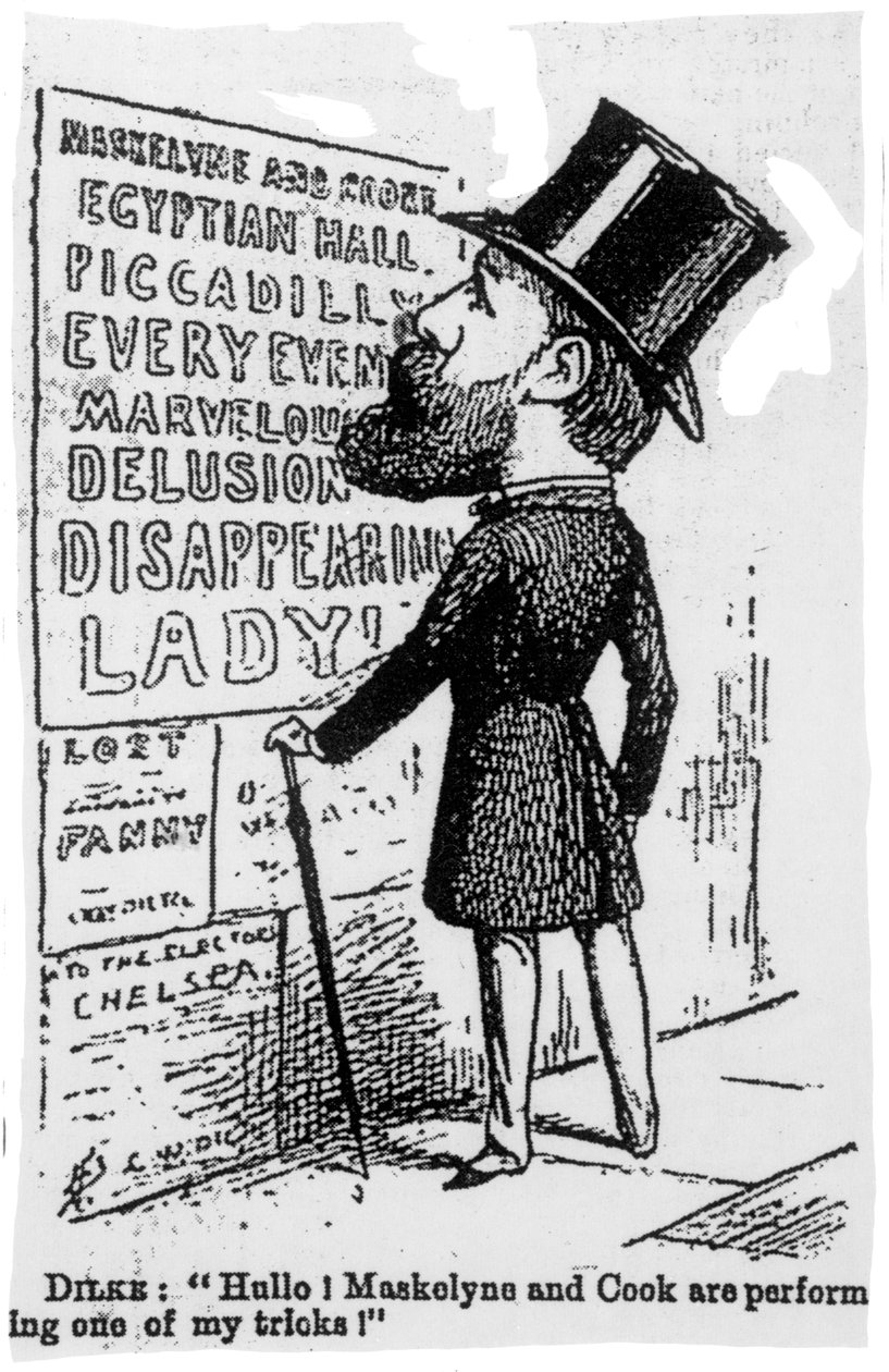 Ehi! Maskelyne e Cook stanno eseguendo uno dei miei trucchi!, caricatura satirica di Sir Charles Dilke, c.1886 da English School