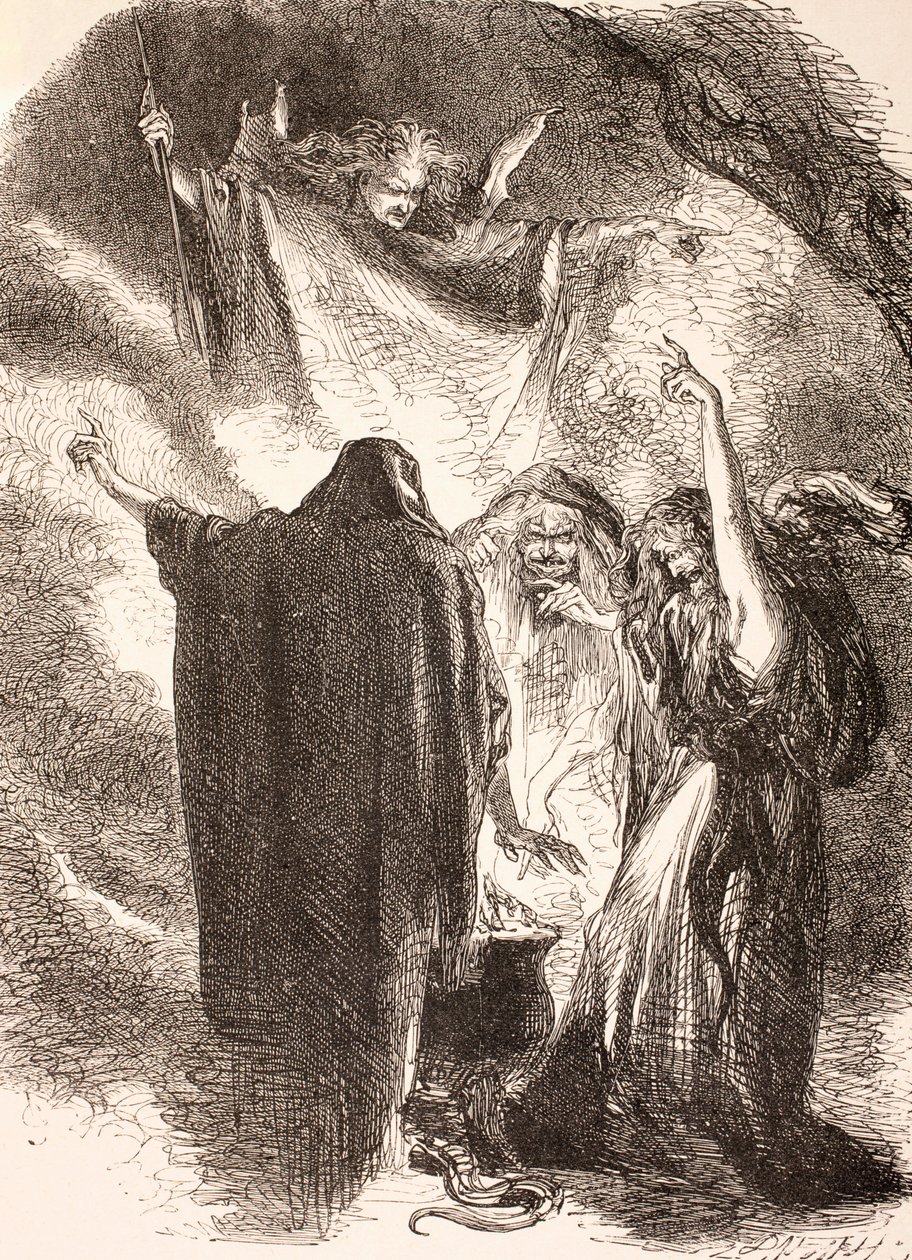 Illustrazione delle streghe intorno al loro calderone in Macbeth, da La Biblioteca Illustrata Shakespeare, pubblicato a Londra 1890 da English School