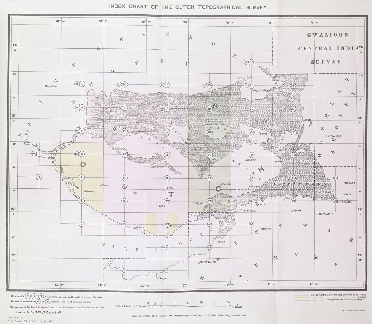 Carta indice del Cutch Topographical Survey del Trigonometrical Branch, Survey of India, Dehra Dun, novembre 1883 da English School