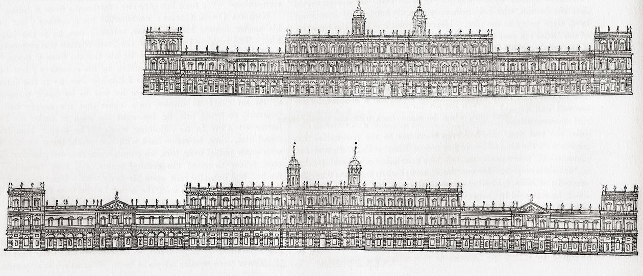 Inigo Jones 1638 piano per un nuovo palazzo a Whitehall, Westminster, Inghilterra, da Old England: A Pictorial Museum, pub. 1847 da English School