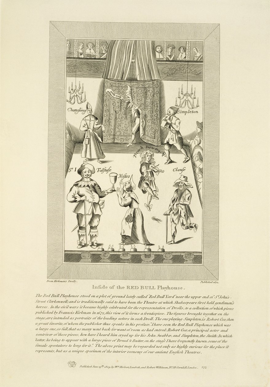 Interno del Red Bull Playhouse, frontespizio di una raccolta di drolls di Francis Kirkman, pub. 1672 da English School