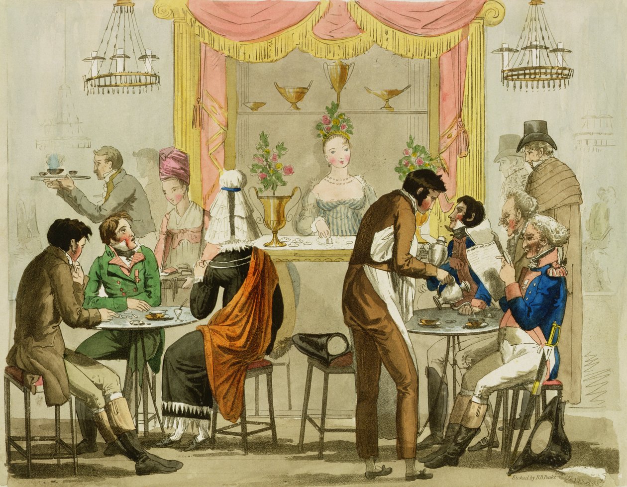 Interno di una caffetteria, pub. per William Pearman Library, 1819 da English School