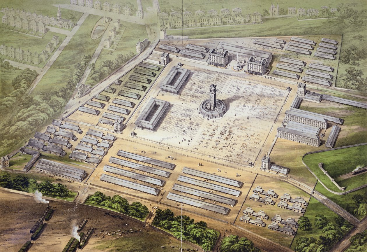 Vista Isometrica del Nuovo Mercato del Bestiame Metropolitano, 1855 da English School