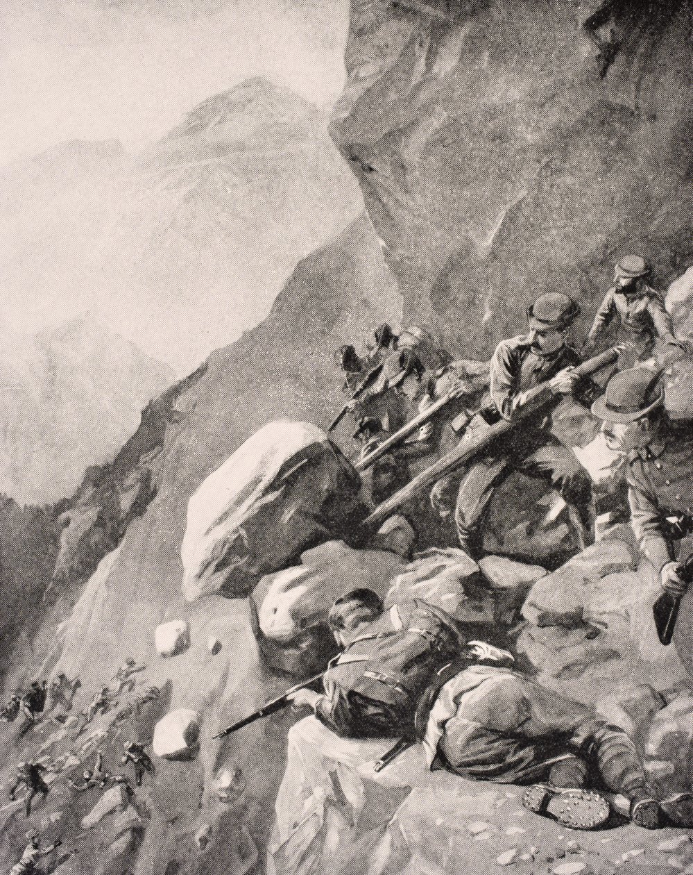 Truppe italiane che fanno rotolare massi sui soldati nemici nelle Dolomiti, 1915, da 