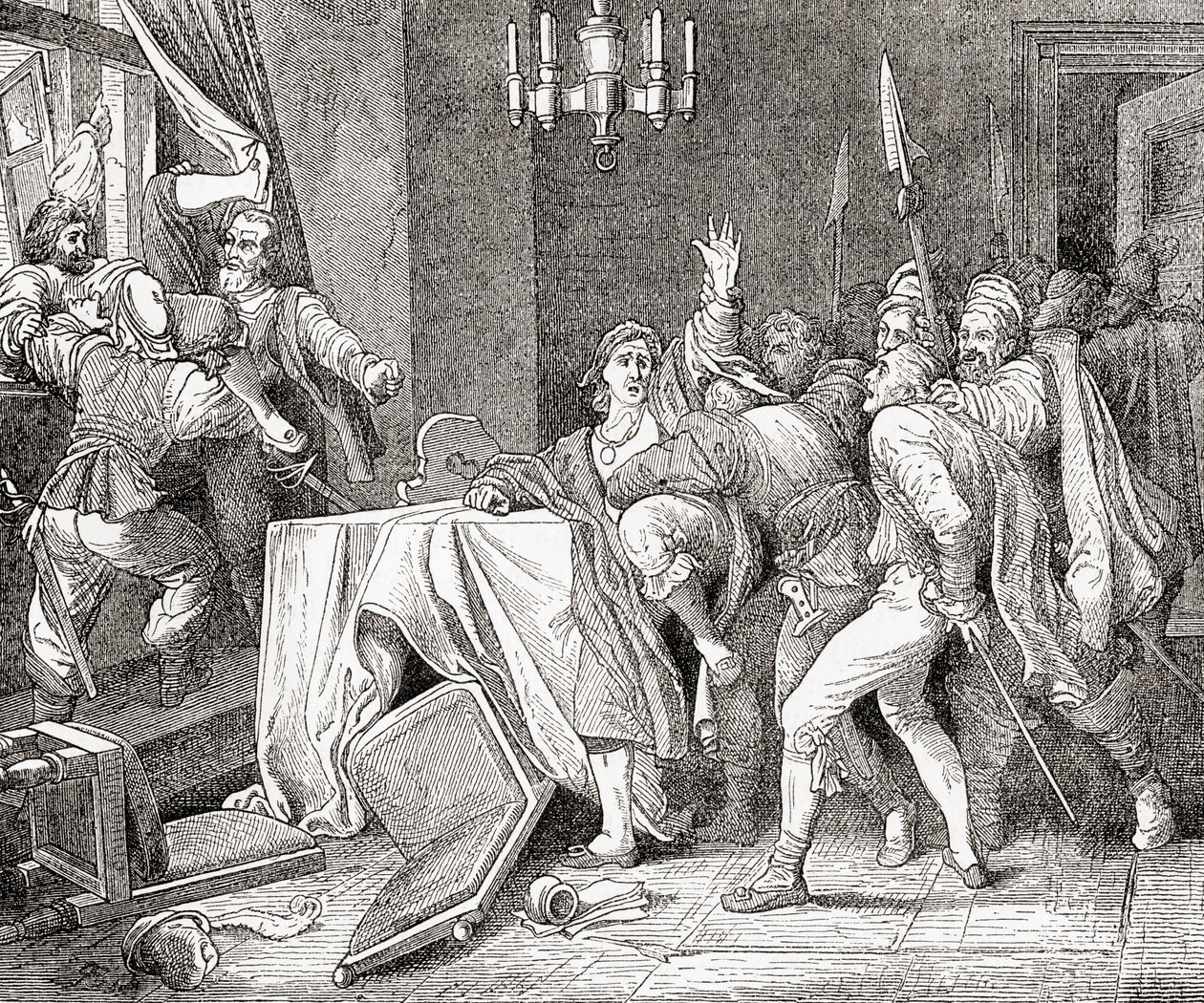 Jaroslav Brita di Martinice e Vilem Slavata di Chlum gettati dalla finestra del palazzo a Praga durante la Defenestrazione di Praga nel 1618 da English School