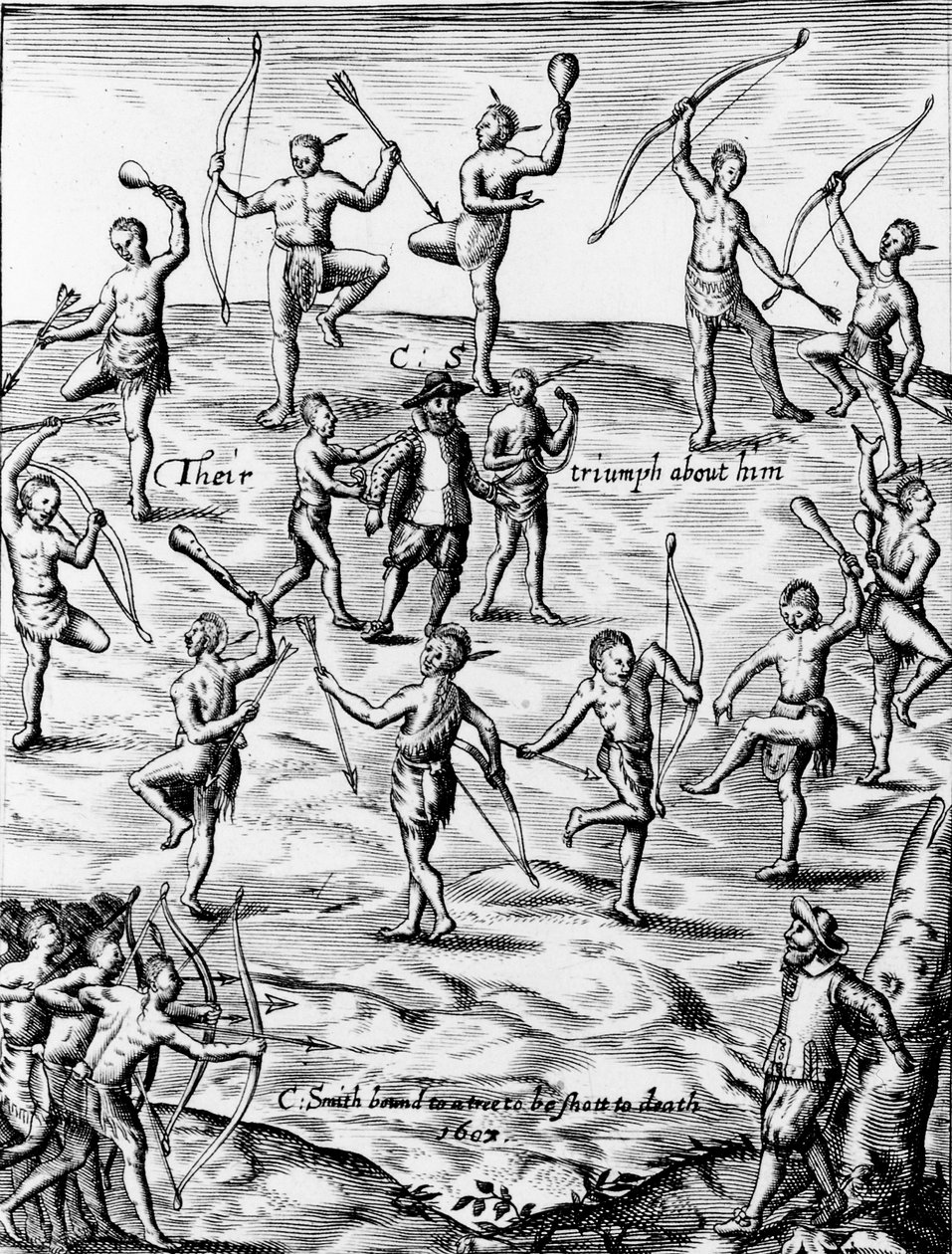 John Smith catturato e minacciato di morte dai nativi americani della Virginia nel 1607, 1624 (dettaglio) da English School