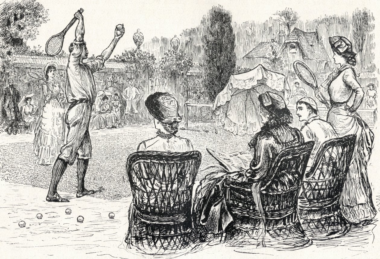 Tennis su prato nel 1883, inciso dal disegno originale in Punch Magazine, da 