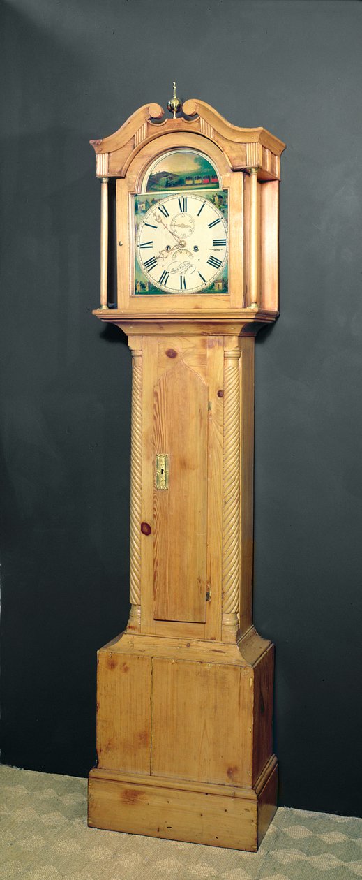 Orologio a pendolo con pittura smaltata di un treno sul quadrante (c.1850) da English School