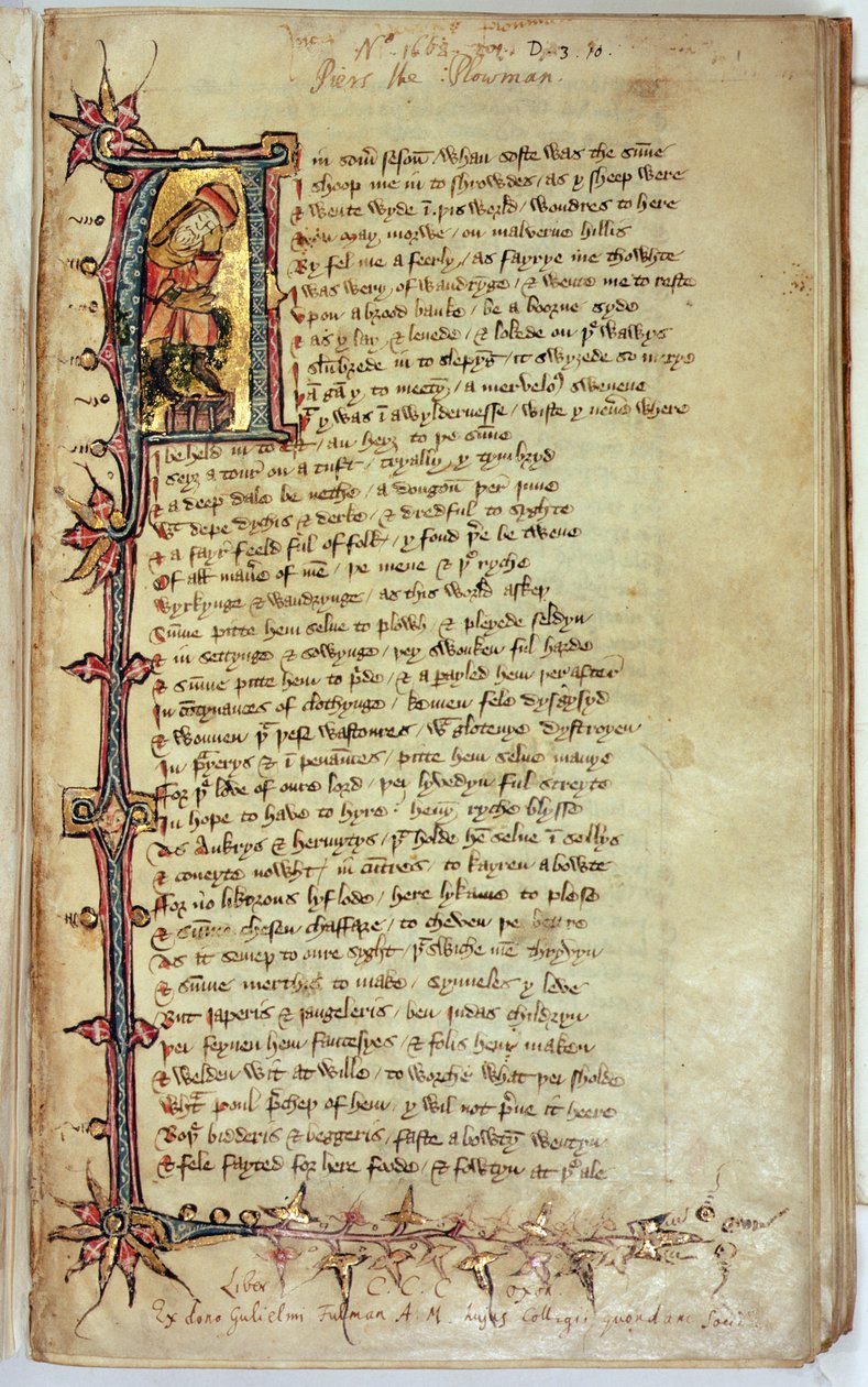 MS CCC 201 f.1 Pagina di testo con iniziale istoriata raffigurante il sognatore, da Piers Plowman di William Langland da English School