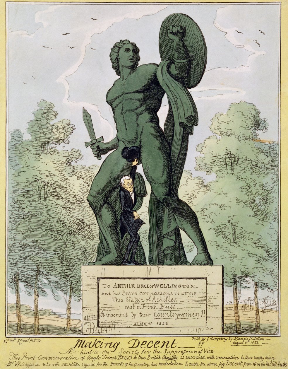 Rendere decente, vignetta che mostra William Wilberforce (1759-1833) che copre la statua di Achille a Hyde Park Corner, di Richard Westmacott (1775-1856), pub. 1822 da English School