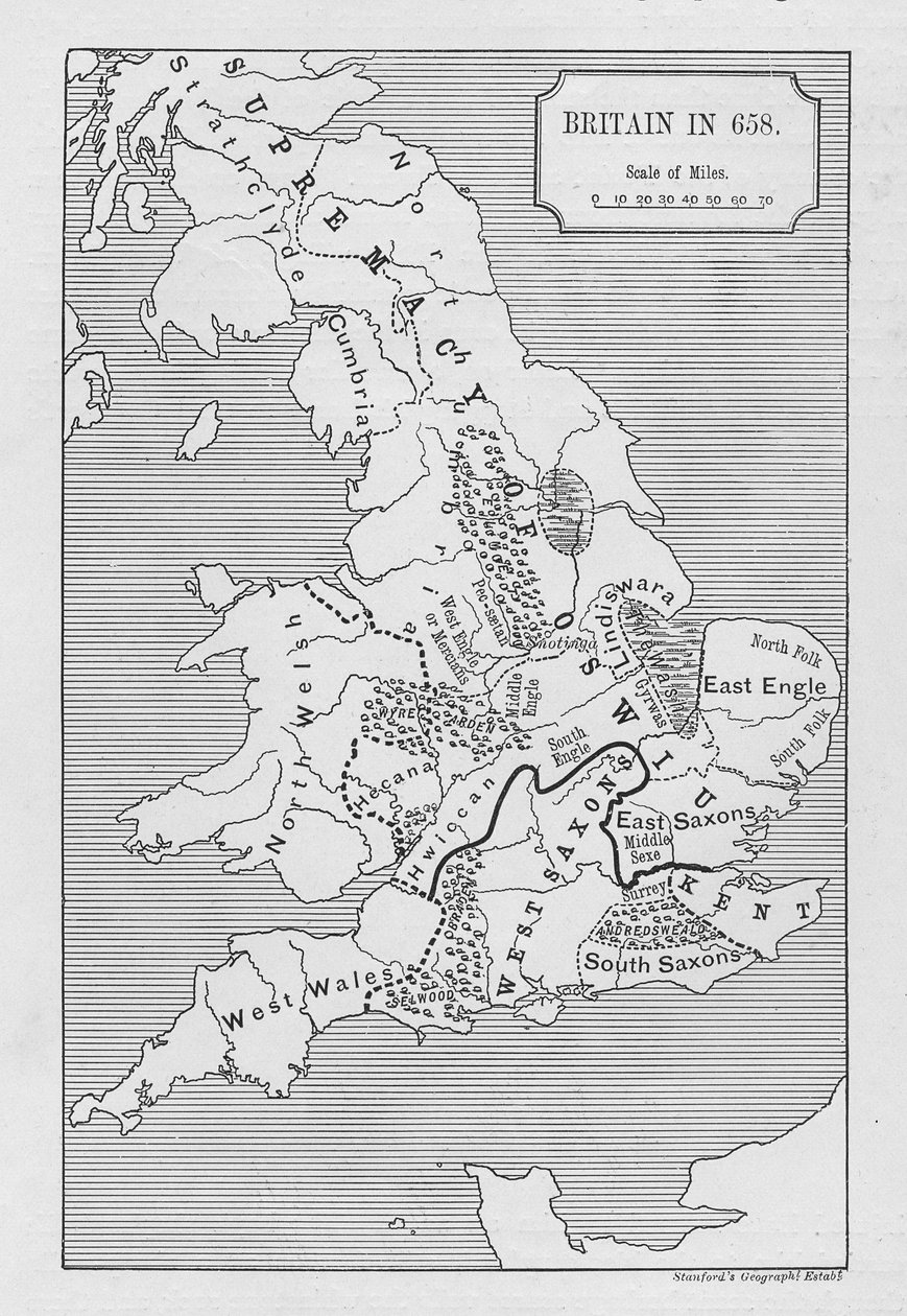 Mappa della Gran Bretagna nel 658, prodotta da Stanford
